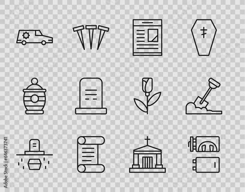 Set line Grave with coffin, Crematorium, Obituaries, Decree, parchment, scroll, Hearse car, tombstone, Old crypt and Shovel the ground icon. Vector