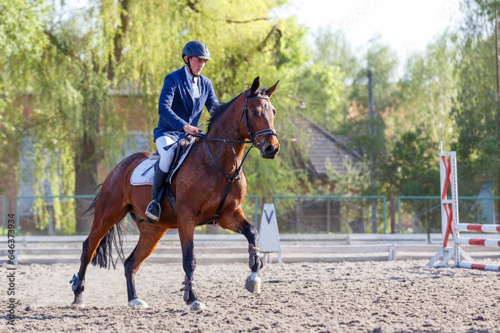 Young horseback sportsman on his course in showjumping competition Young horseback sportsman on his course in showjumping competition
