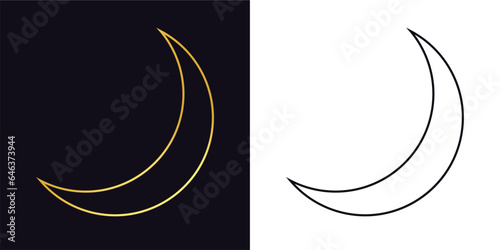 illustration of a moon, line art illustration of moon, golden shiny glitter moon, night sky vector element on black and white background, moon icon