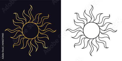 vector illustration of sun, line art sun, goldren metallic shiny glitter sun. numerology astrology palmistry tarot horoscope symbol. sun icon on black and white backgrounds
