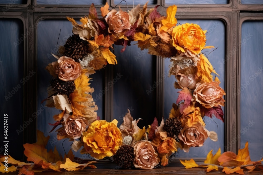 autumn wreath with a mix of bright and dried leaves autumn wreath with a mix of bright and dried leaves