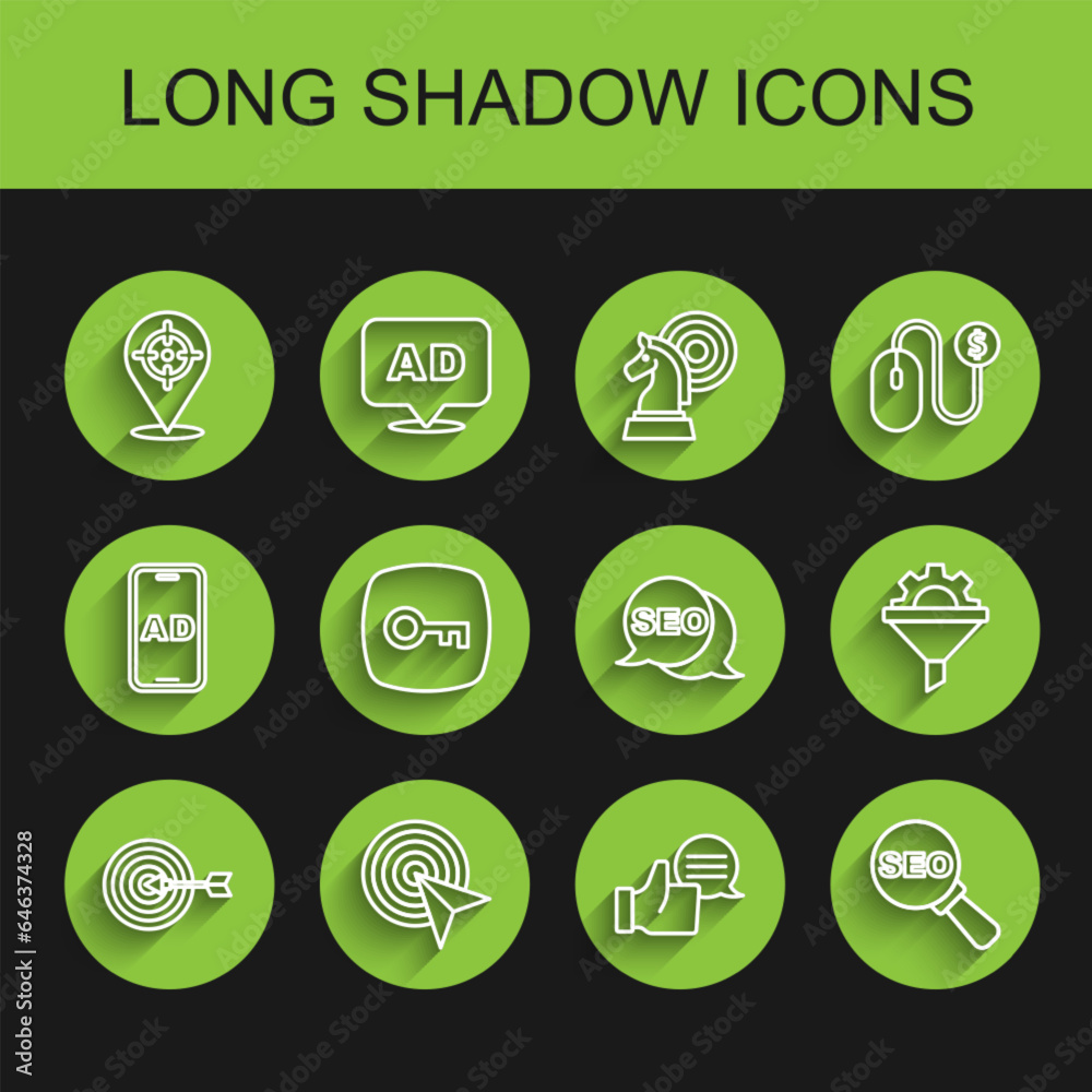 Set line Target, Customer product rating, SEO optimization, Key, Sales funnel with gear and icon. Vector Set line Target, Customer product rating, SEO optimization, Key, Sales funnel with gear and icon. Vector