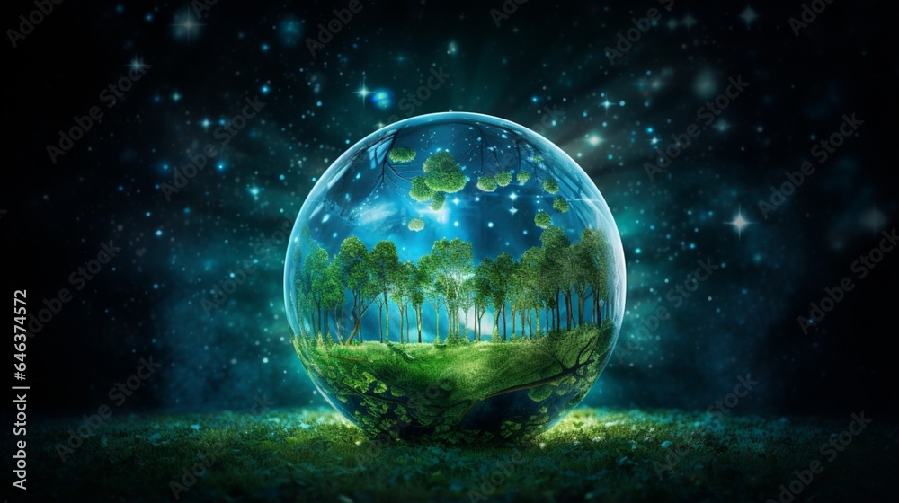 Craft an image of a glass globe framed against a starry night sky, with constellations forming renewable energy symbols, suggesting the boundless potential of green power