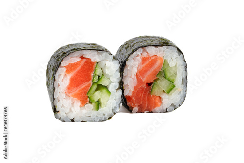 Sushi closeup isolated on white background. Sushi with nori seaweed, salmon rice and cucumber.