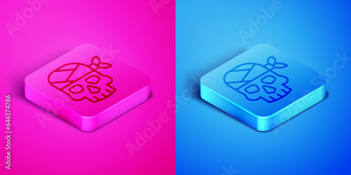 Isometric line Pirate captain icon isolated on pink and blue background. Square button. Vector
