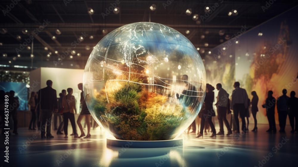 Craft an image of a glass globe integrated into a bustling energy trade show, with exhibitors showcasing the latest innovations in sustainable energy solutions