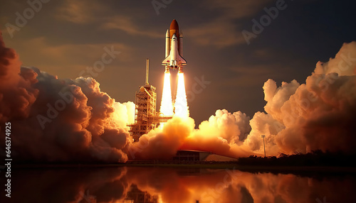 The launch of the space shuttle rocket. With fire and smoke. Against the background of the starry sky