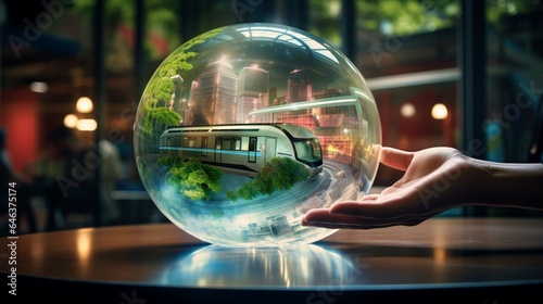 Craft an image of a glass globe with a holographic projection of sustainable transportation modes, including electric vehicles and high-speed trains