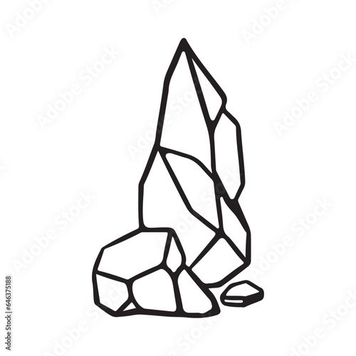 A group of rocks with one tall and sharp rock vector illustration outline only for coloring book isolated on square white background. Simple flat cartoon art styled drawing monochrome.