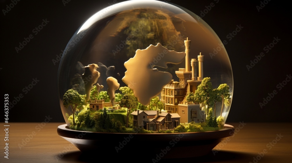 Craft an inspiring picture of a glass globe with a miniature geothermal power plant inside, showcasing the utilization of Earth's natural heat for energy generation