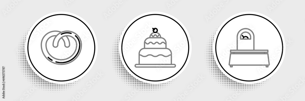 Set line Scales, Pretzel and Cake icon. Vector Set line Scales, Pretzel and Cake icon. Vector