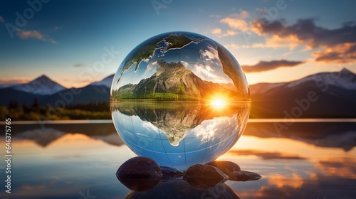Create a breathtaking image of a crystal-clear glass globe reflecting a vibrant solar array at sunrise, showcasing the power of solar energy © Ijaz