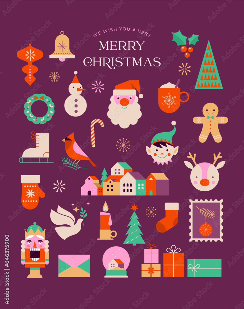 Fototapeta premium Merry Christmas cute modern minimalist style elements, illustrations collection. Santa, Christmas decorations, Christmas tree, Gift boxes and more