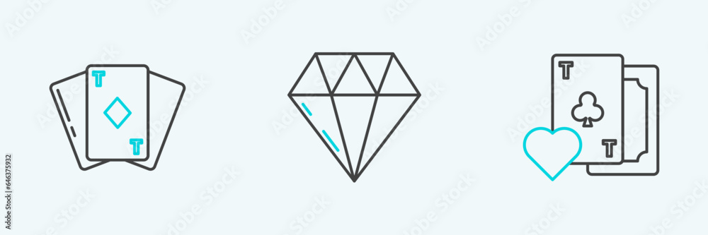 Set line Playing card with clubs symbol, diamonds and Diamond icon. Vector Set line Playing card with clubs symbol, diamonds and Diamond icon. Vector