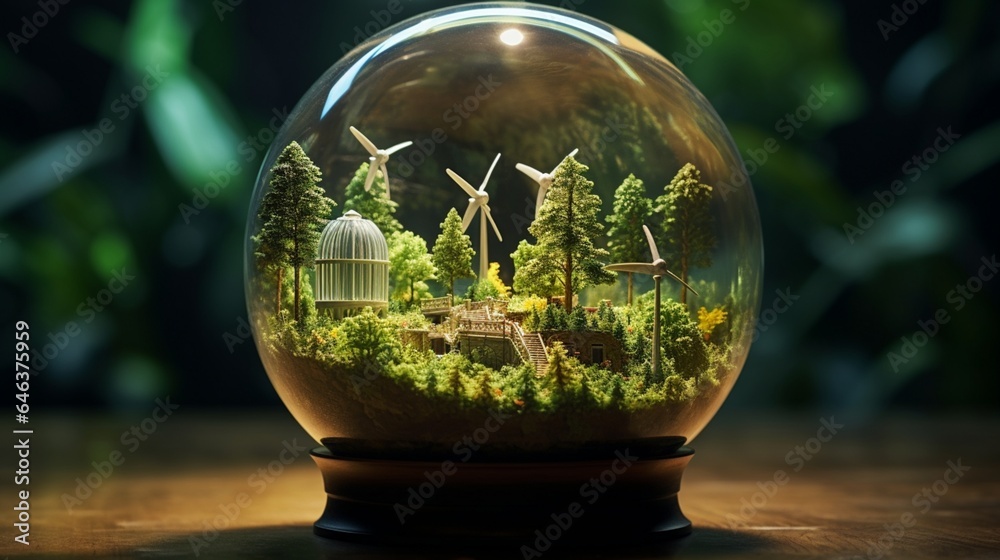 Create a captivating scene of a glass globe on a lush forest floor, with miniature wind turbines sprouting like flowers around it, symbolizing the growth of wind energy Create a captivating scene of a glass globe on a lush forest floor, with miniature wind turbines sprouting like flowers around it, symbolizing the growth of wind energy