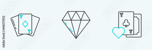 Set line Playing card with clubs symbol, diamonds and Diamond icon. Vector