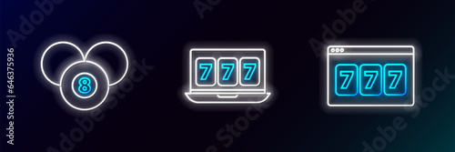 Set line Online slot machine with lucky sevens jackpot, Billiard pool snooker 8 ball and icon. Glowing neon. Vector