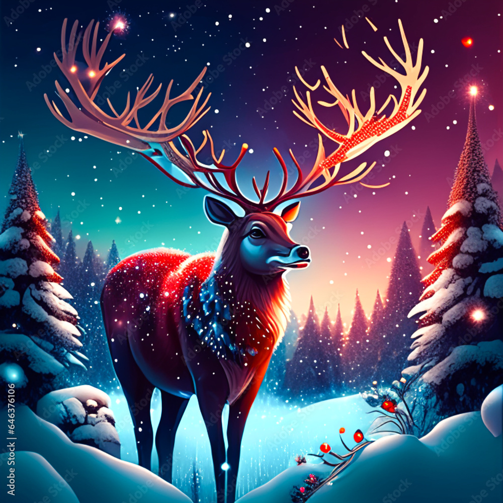 Deer on a background of the night winter forest.