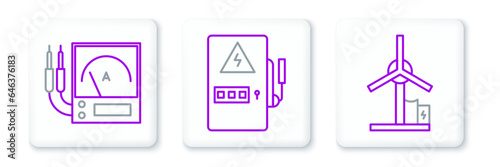 Set line Wind turbine, Ampere meter, multimeter, voltmeter and Electrical panel icon. Vector
