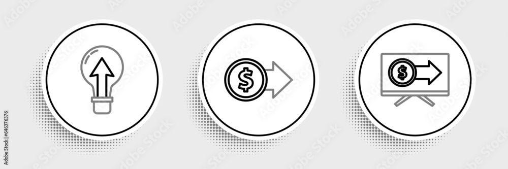 Set line Monitor with dollar, Light bulb and Coin money symbol icon. Vector Set line Monitor with dollar, Light bulb and Coin money symbol icon. Vector