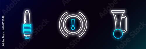 Set line Signal horn on vehicle, Car spark plug and Brake system warning icon. Glowing neon. Vector