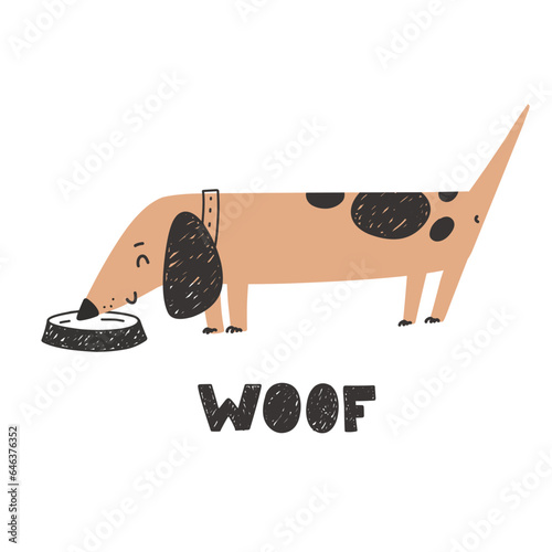 Happy Dachshund cartoon character, friend, dog print for children. Vector illustration in flat style.