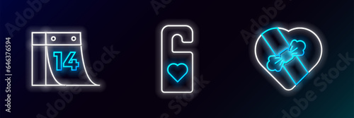 Set line Candy in heart shaped box, Calendar with February 14 and Please do not disturb icon. Glowing neon. Vector