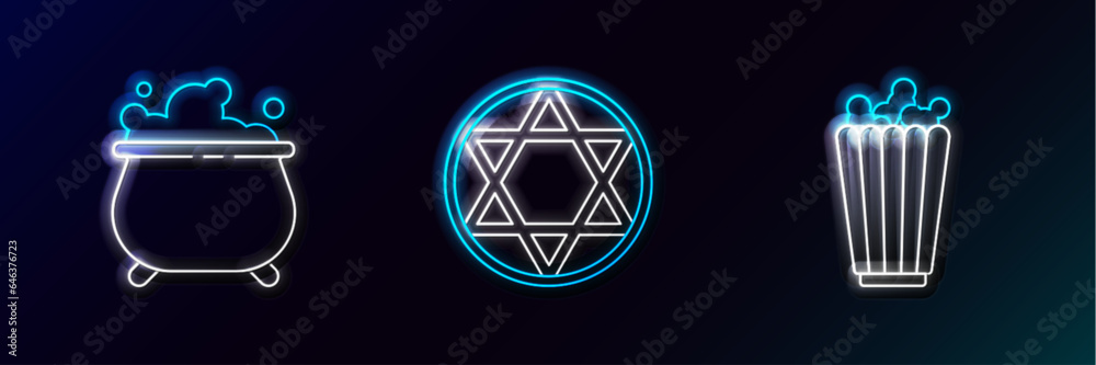 Set line Popcorn in box, Witch cauldron and Star of David icon. Glowing neon. Vector Set line Popcorn in box, Witch cauldron and Star of David icon. Glowing neon. Vector