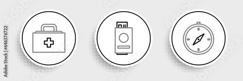 Set line Compass, First aid kit and Passport with ticket icon. Vector