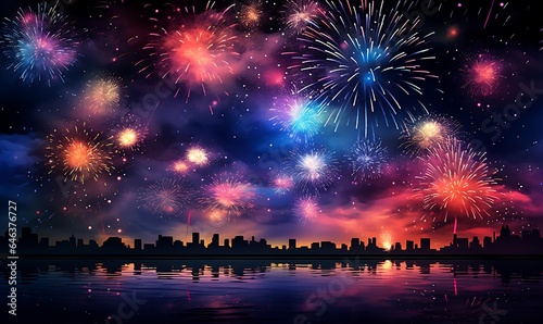 the background of the night sky is filled with colorful fireworks, Generative Ai