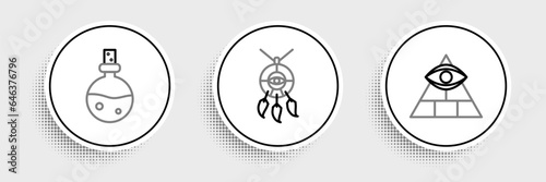 Set line Masons, Bottle with love potion and Dream catcher feathers icon. Vector