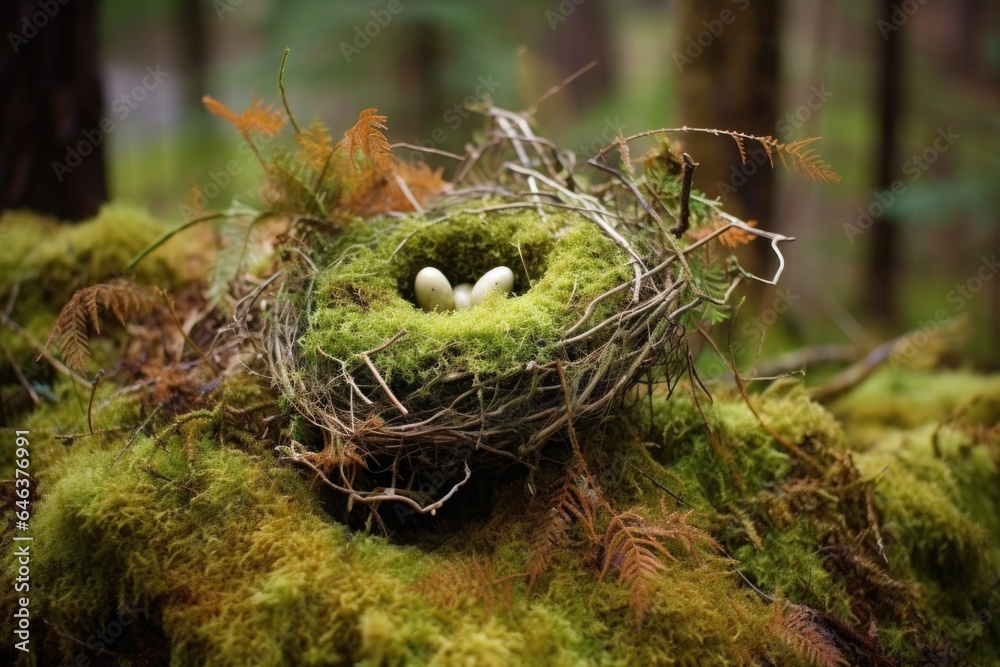 birds nest on a moss-covered forest floor birds nest on a moss-covered forest floor