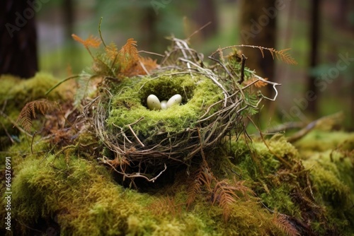 birds nest on a moss-covered forest floor