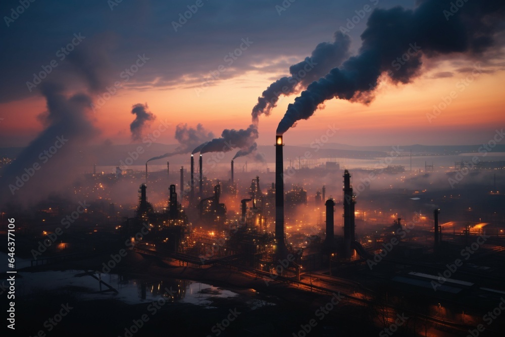 Aerial view at dawn Metallurgical plant emits smog, worsening the areas ecology