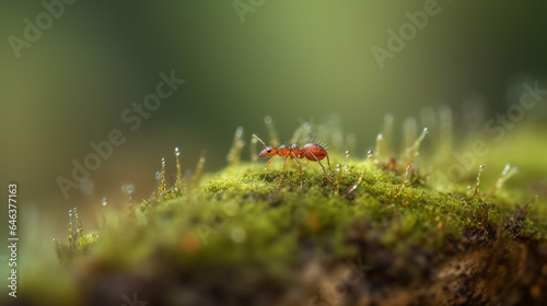 Macro Red Ant on Green Moss
