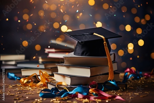 Books and a graduation cap symbolize scholarly success against a confetti backdrop