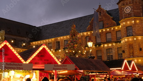 Christmas holidays decorations. Festiveillumination Christmas tree and decorations on Christmas market on the streets Dusseldorf Germany. High quality photo
