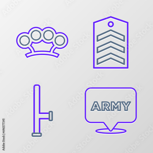 Set line Military army, Police rubber baton, Chevron and Brass knuckles icon. Vector