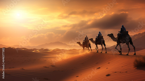 Camels Riding Through Desert at Sunset © Luuk