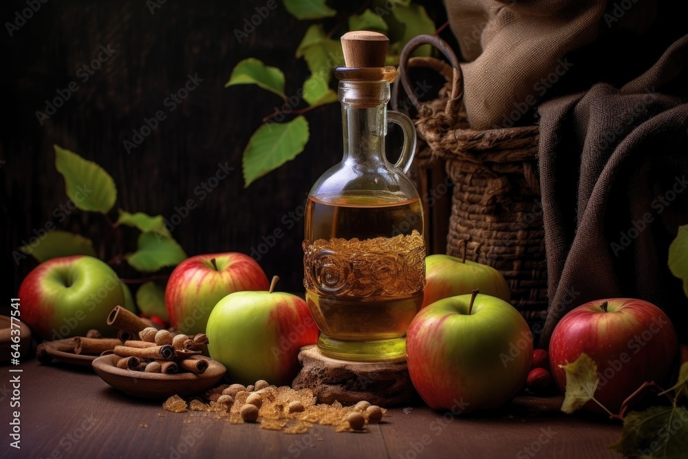 apple cider in a glass bottle with a cork stopper apple cider in a glass bottle with a cork stopper