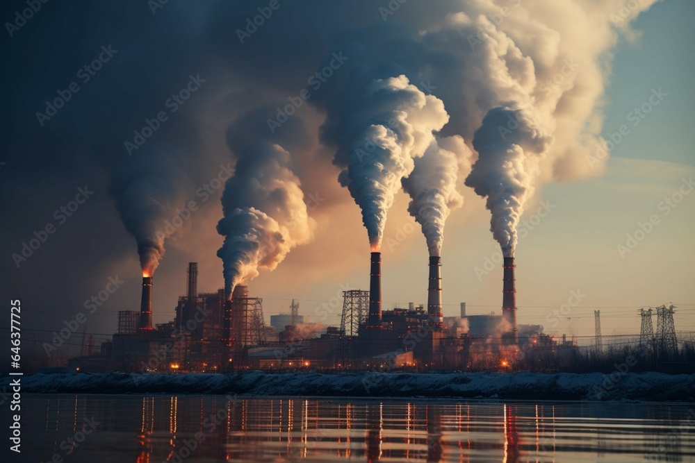 Factory chimneys spew smoky haze, industrial zones air pollution chokes surroundings