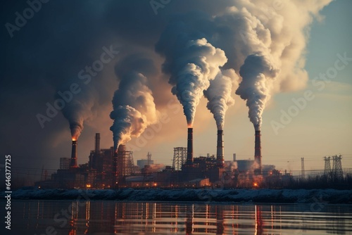 Factory chimneys spew smoky haze  industrial zones air pollution chokes surroundings