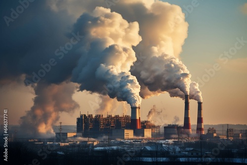 Factory chimneys spew smoky haze, industrial zones air pollution chokes surroundings