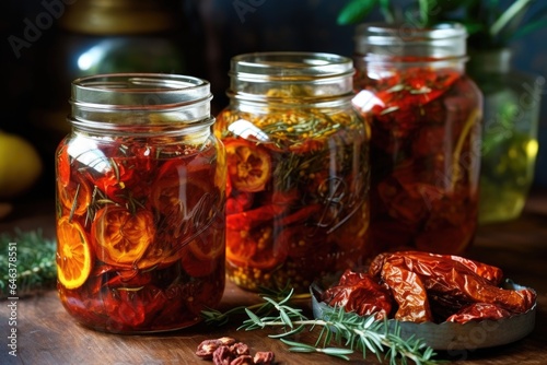 sun-dried tomatoes in glass jars with herbs