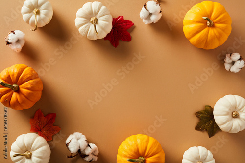 Frame of pumpkins, maple leaves, cotton on brown background. Happy Thanksgiving banner template. Flat lay, top view, copy space.
