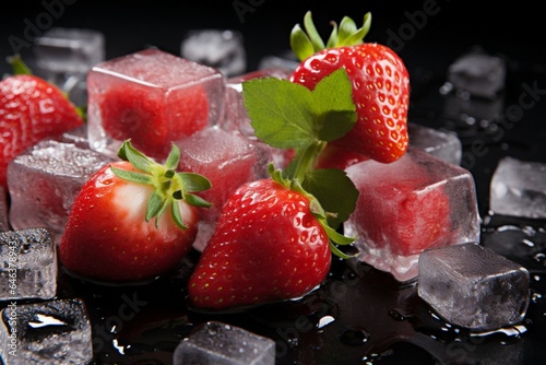Juicy red strawberries paired with ice cubes on a textured dark background
