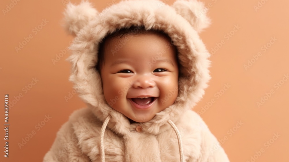 Studio portrait of a joyful Asian baby in neutral clothing, grinning. Generative AI Studio portrait of a joyful Asian baby in neutral clothing, grinning. Generative AI