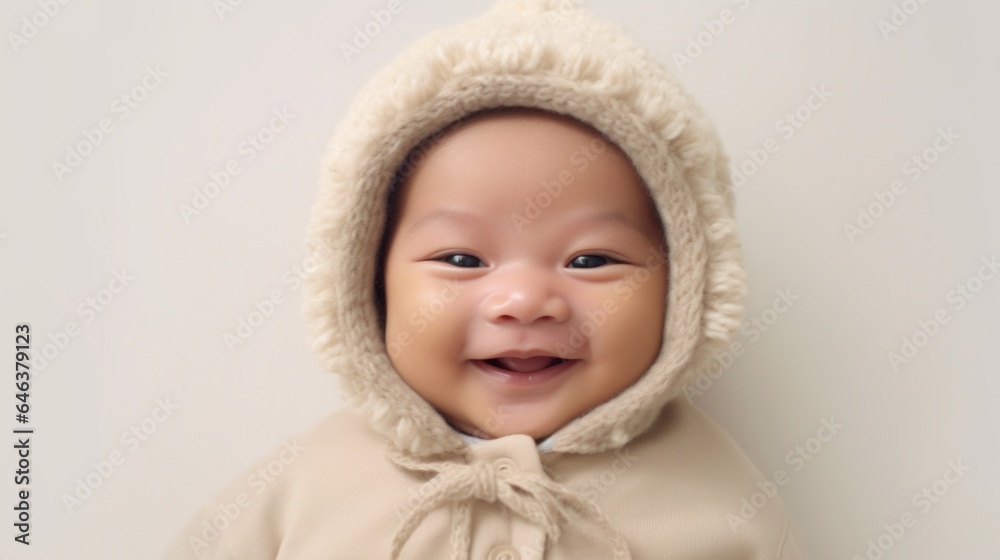 Joyful Asian infant in neutral attire, posing in a studio background. Generative AI Joyful Asian infant in neutral attire, posing in a studio background. Generative AI