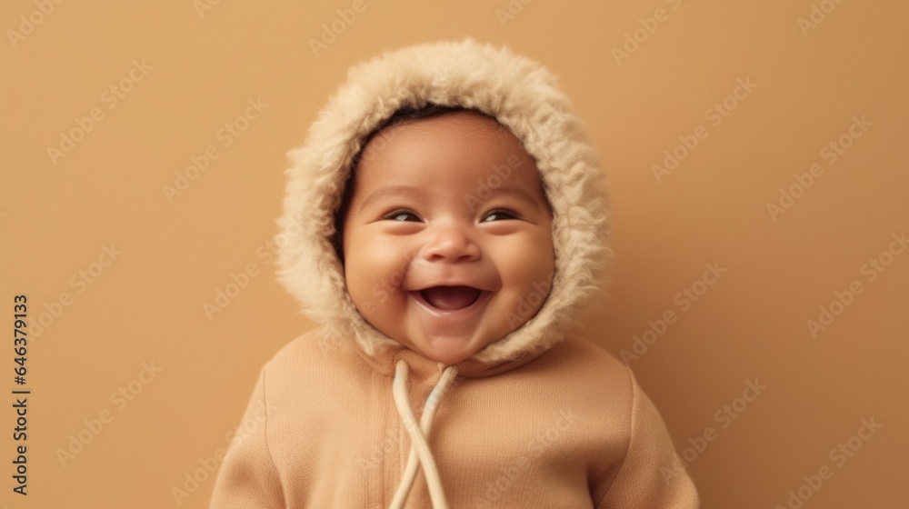 Smiling Asian infant in studio setting, dressed in neutral tones. Generative AI