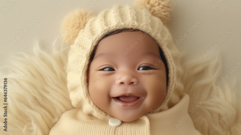 Asian infant in a studio setup, dressed in neutral colors and wearing a smile. Generative AI Asian infant in a studio setup, dressed in neutral colors and wearing a smile. Generative AI
